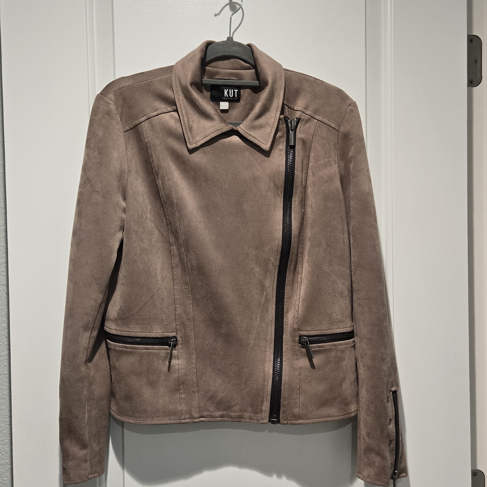 Kut from the Kloth Eveline Asymmetrical Crop Faux Suede Taupe Moto Jacket Size S - Picture 4 of 12